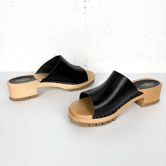 Swedish Hasbeens Ann Low Sandals Mules Clogs Black Leather Wooden Sole Size 41 - Picture 10 of 13